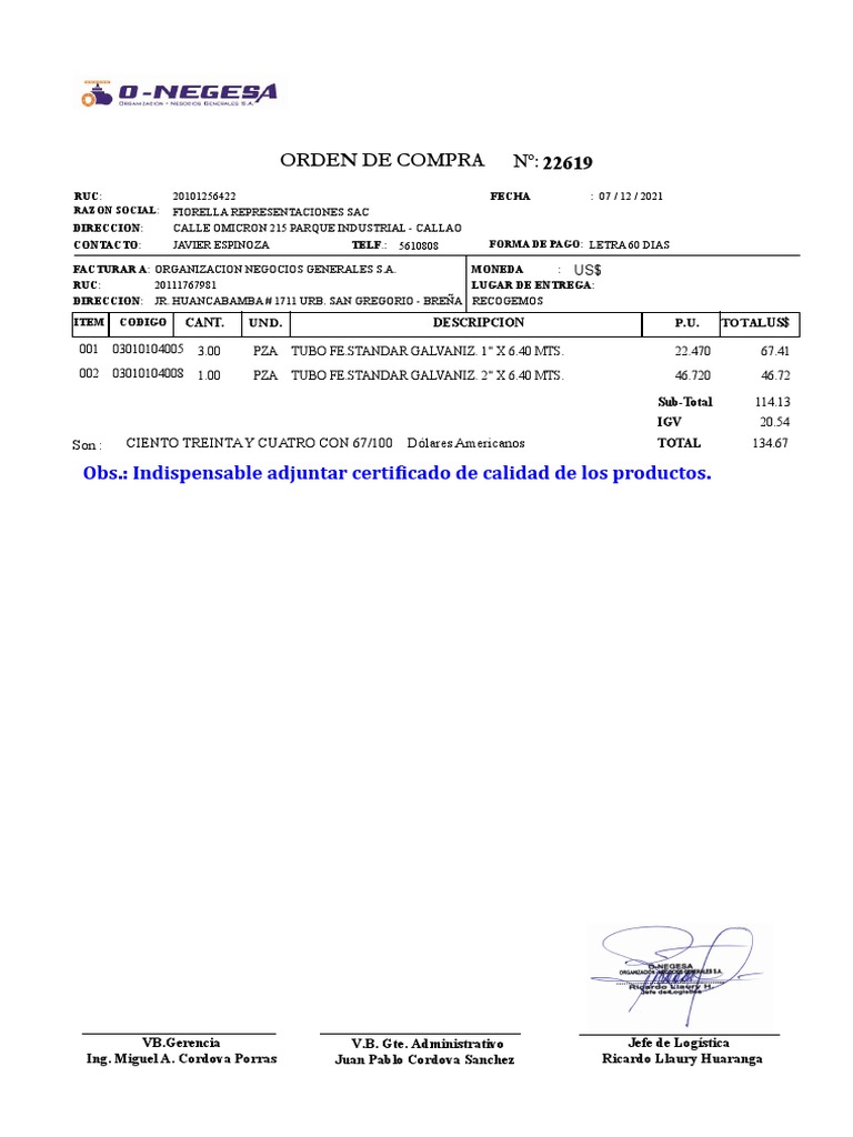 Orden de Compra: Tubos Galvanizados US$134.67 | PDF