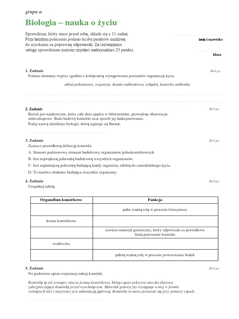 Biologia Nauka O życiu Test Klasa 7