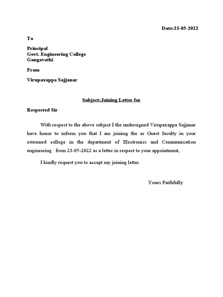 Joining Letter Format PDF