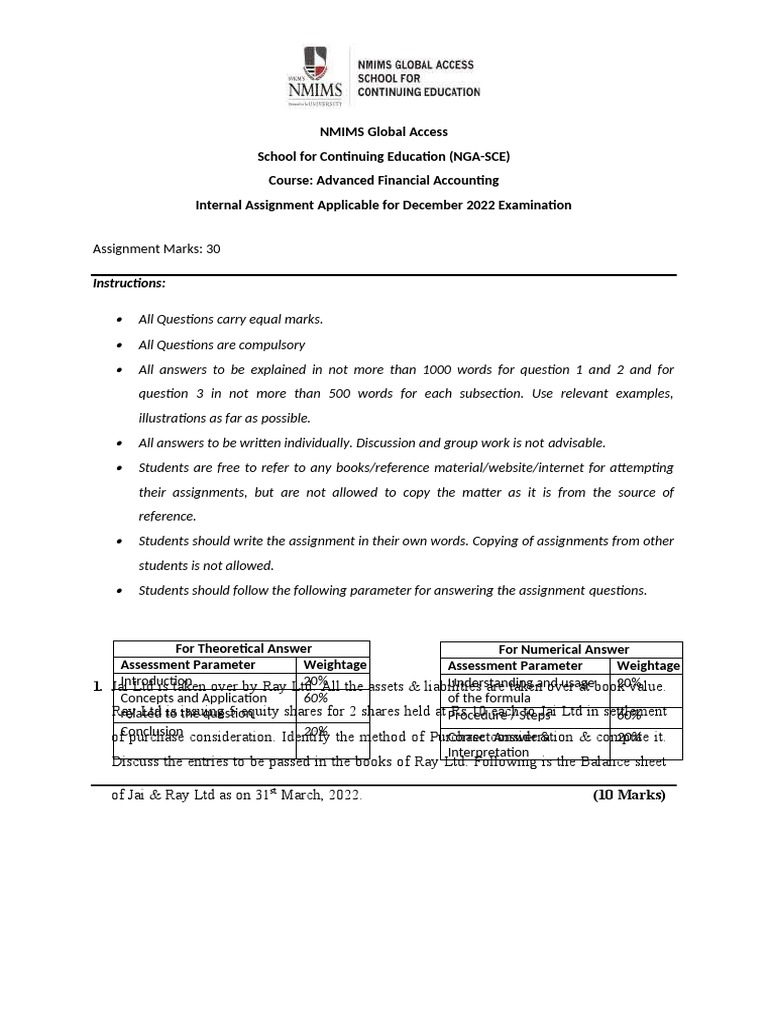 Advanced Financial Accounting - Assignment Dec 2022 RVfGyPC3QM | PDF ...