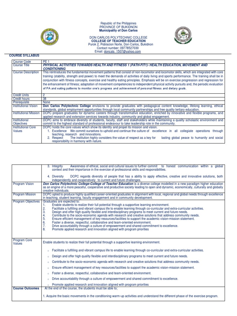 PE 1 Syllabus: Health & Fitness Activities | PDF | Physical Fitness ...