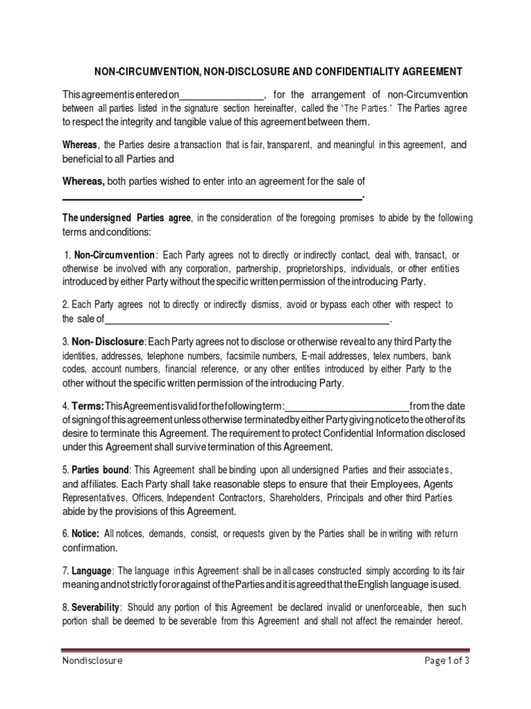 Non-Circumvention & Confidentiality Agreement | PDF | Non Disclosure ...
