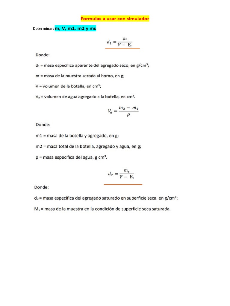 Formulas A Usar Con Simulador, Peso Específico PDF