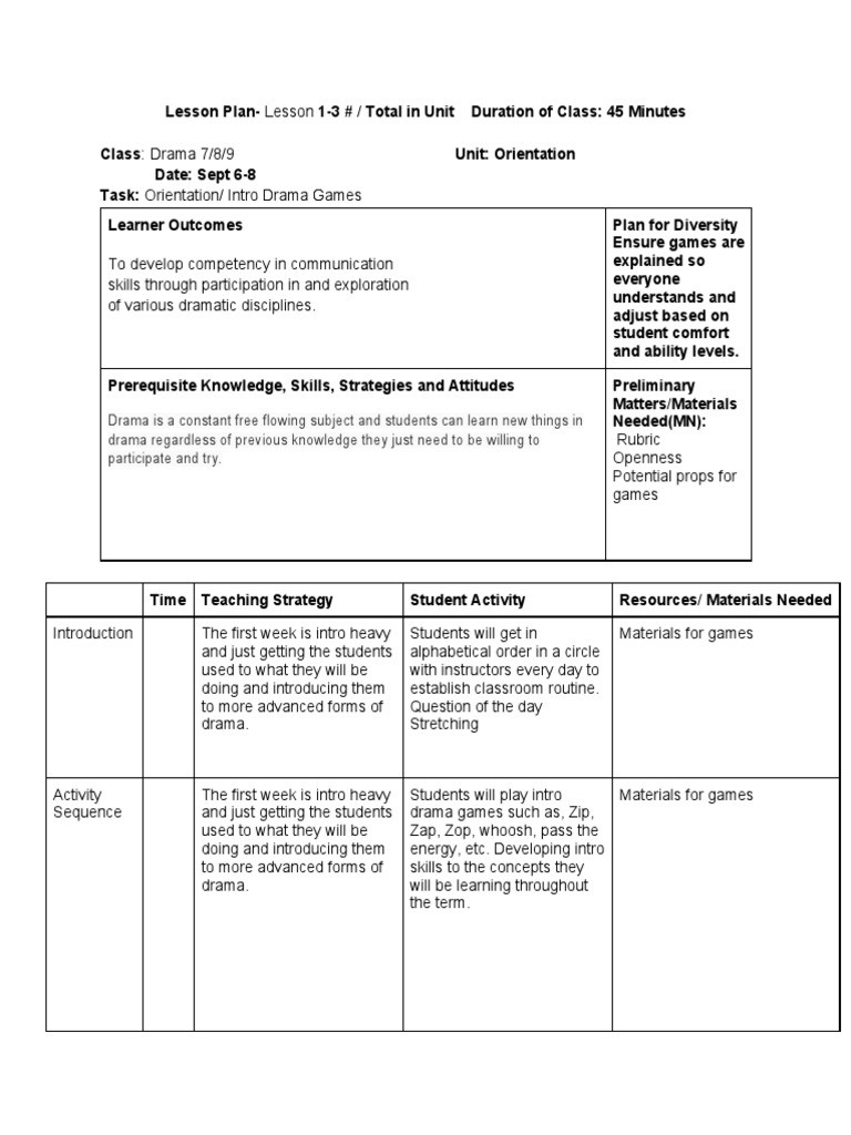Drama 7 8 and 9 Week 1 Lesson Plan | PDF