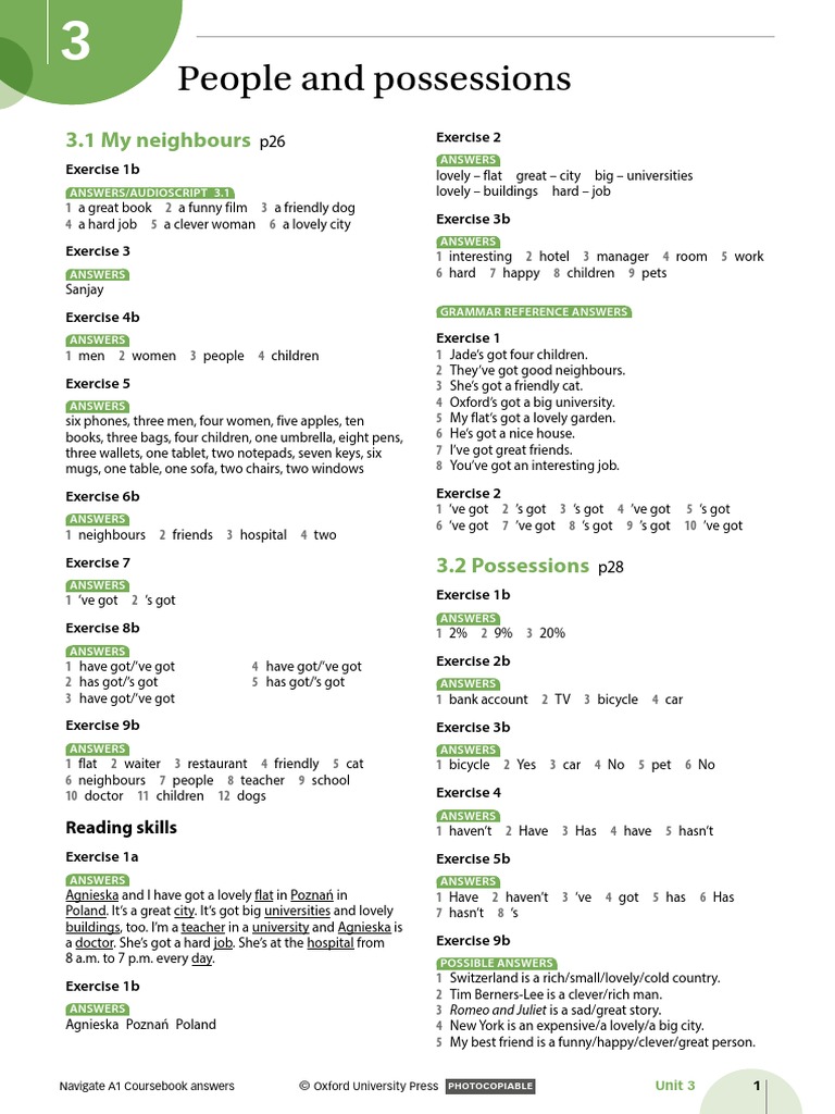 Navigate A1 Coursebook Unit 3 Answer Key PDF