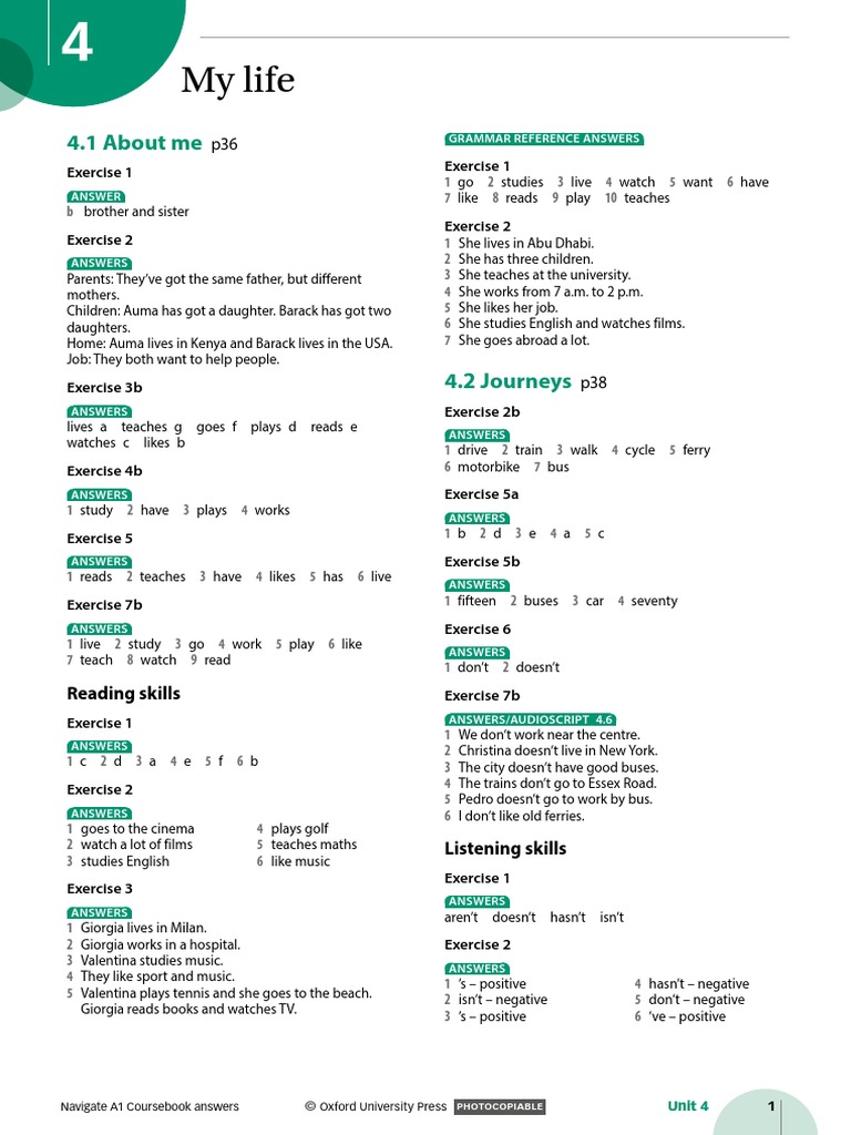 Navigate A1 Coursebook Unit 4 Answer Key PDF