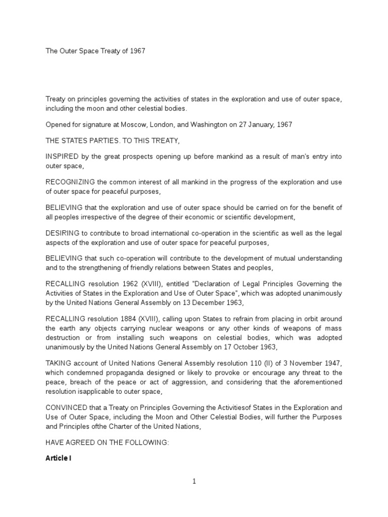The Outer Space Treaty of 1967 Treaty Ratification