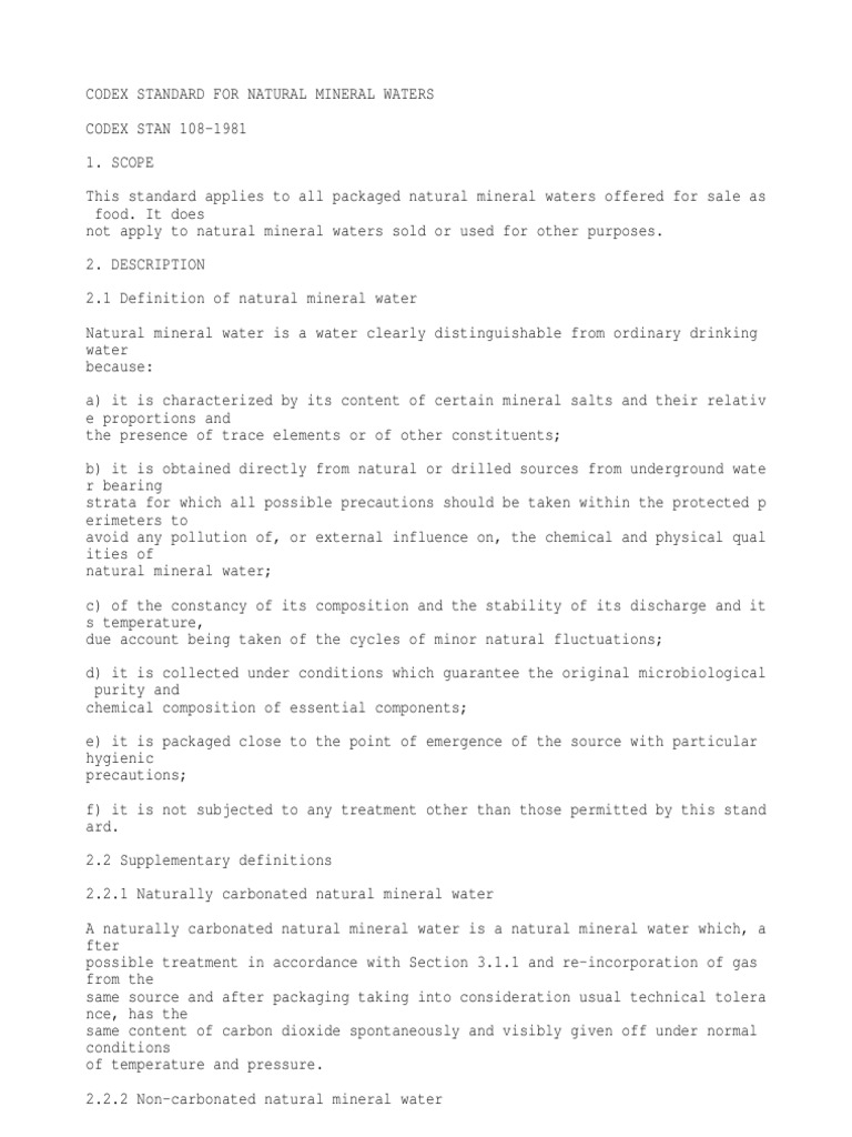 Codex Standard for Mineral Waters | PDF | Minerals | Hygiene