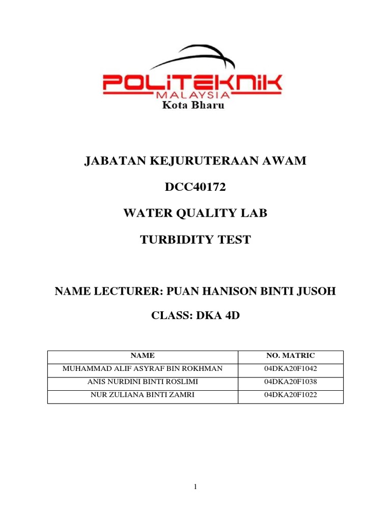 DCC40172 Turbidity Test PDF Water Environmental Engineering