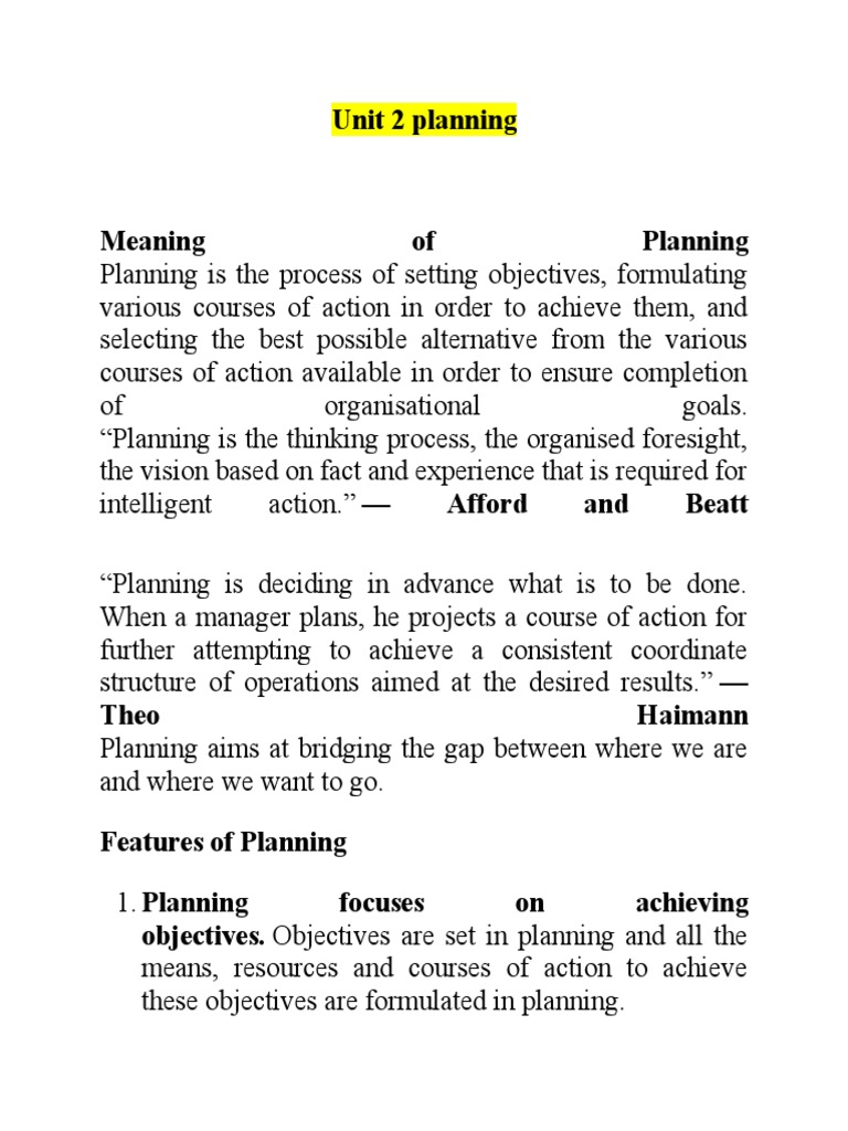 Planning for Unit 2 Understanding the Meaning, Process, Types and