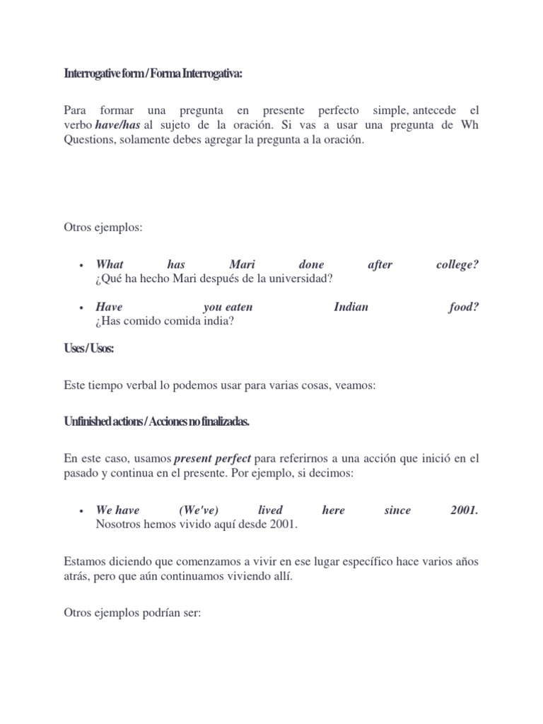 Preguntas en Presente Perfecto | PDF | Artes del Lenguaje y ...