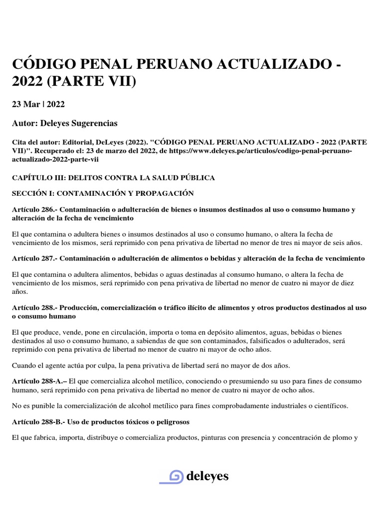 Codigo Penal Peruano Actualizado 2022 Parte Vii PDF Mdma Comercio
