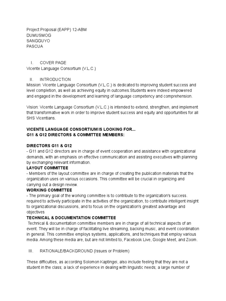 Project Proposal EAPP 12 ABM V.C.L. PDF Human Communication