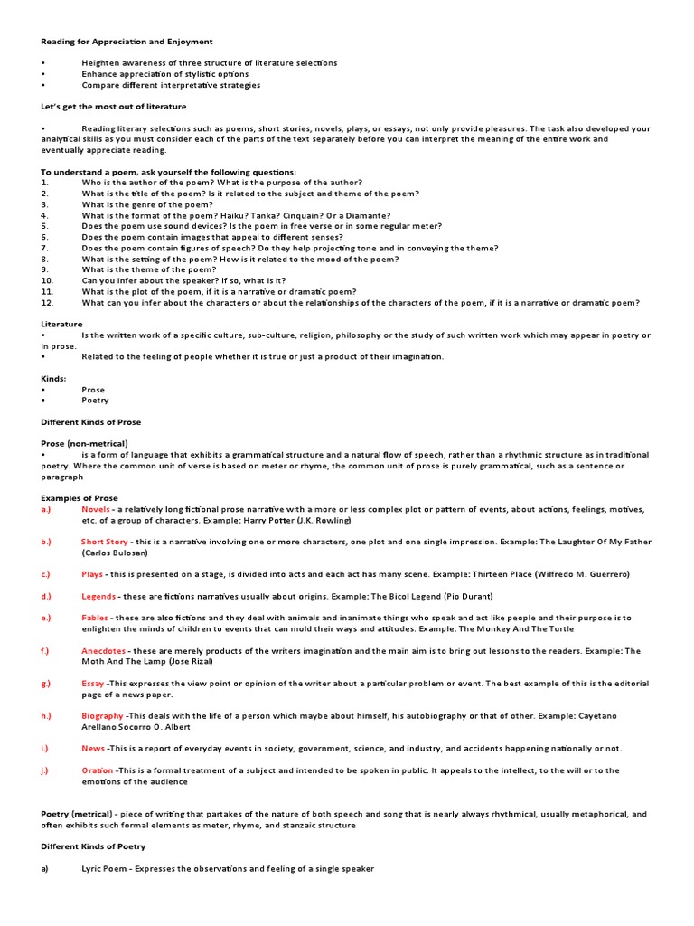 Literature Appreciation and Analysis Guide | PDF | Poetry | Narrative