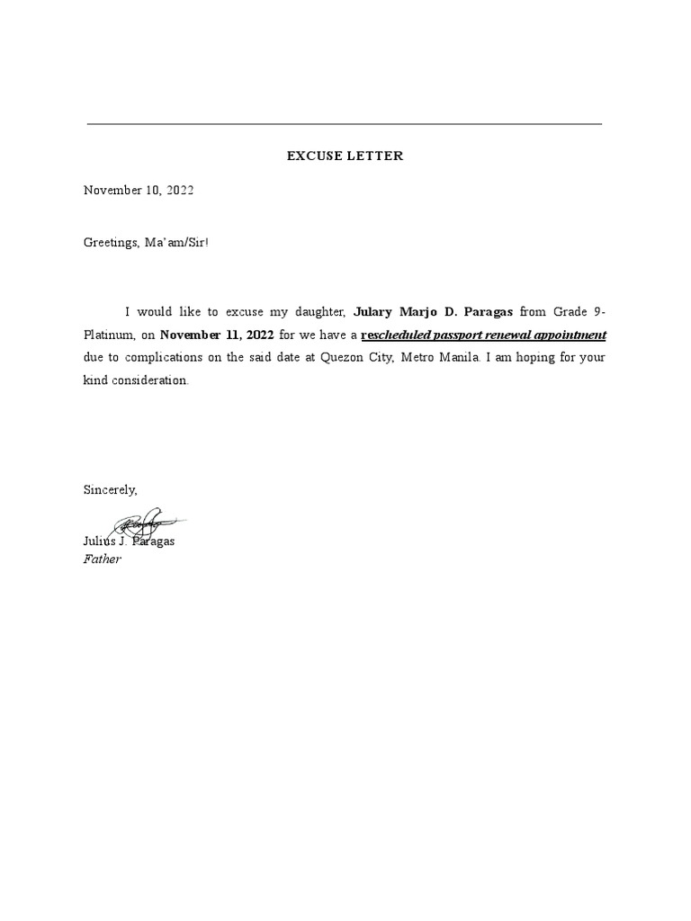 Excuse Letter for Passport Appointment | PDF