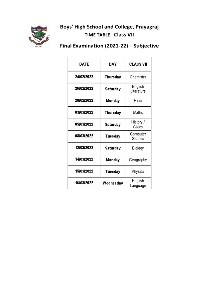 TimeTableClass 7 PDF