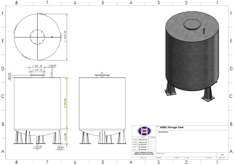 Dimensional drawing and specifications for a 6,000 liter storage tank | PDF