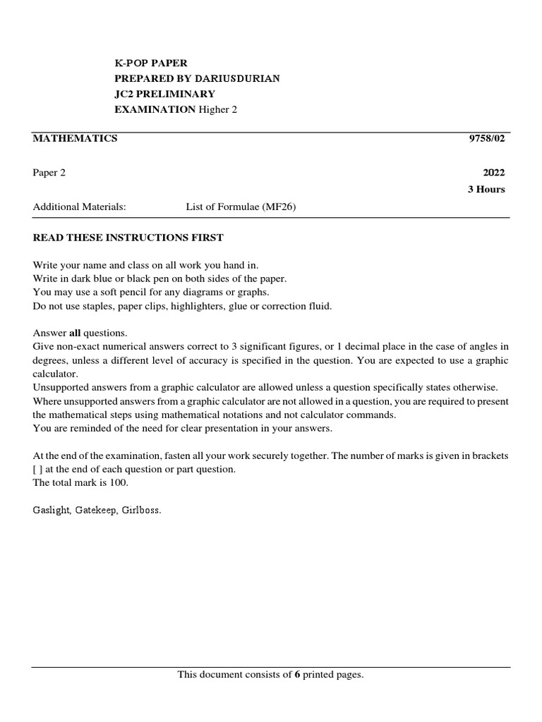 H2 Math Prelim Paper 2 2021 Sample Questions | PDF | Normal ...