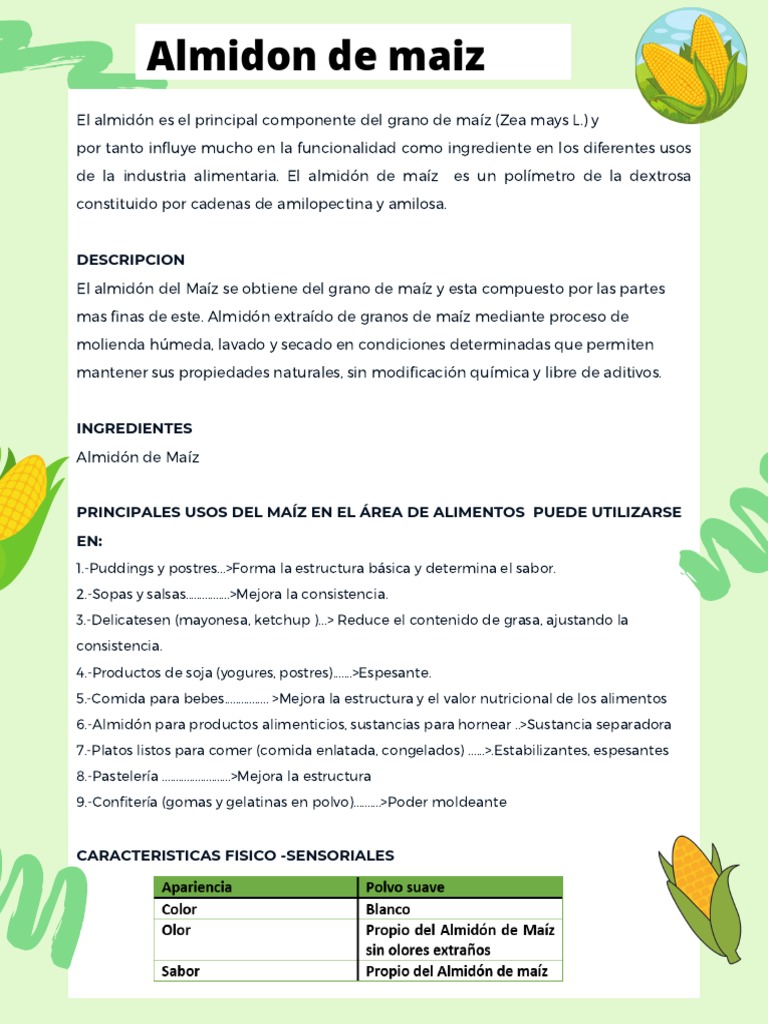 Propiedades y usos del almidón de maíz | PDF | Alimentos | Almidón