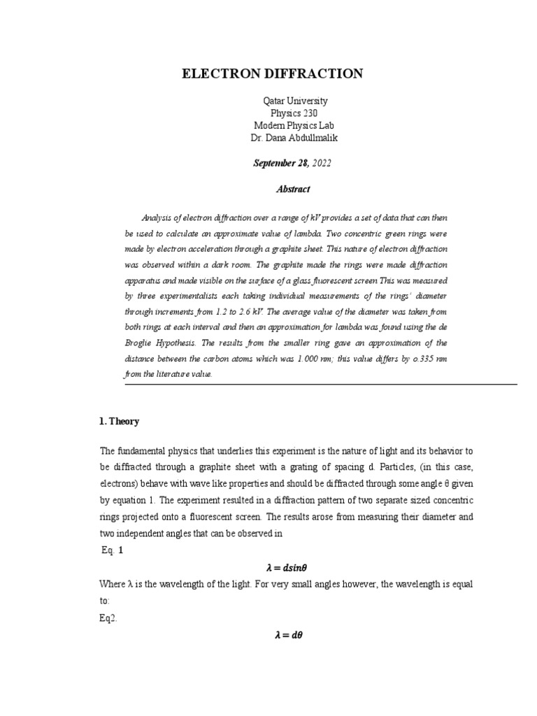 Electron Diffraction Experiment Analysis | PDF | Diffraction | Electron