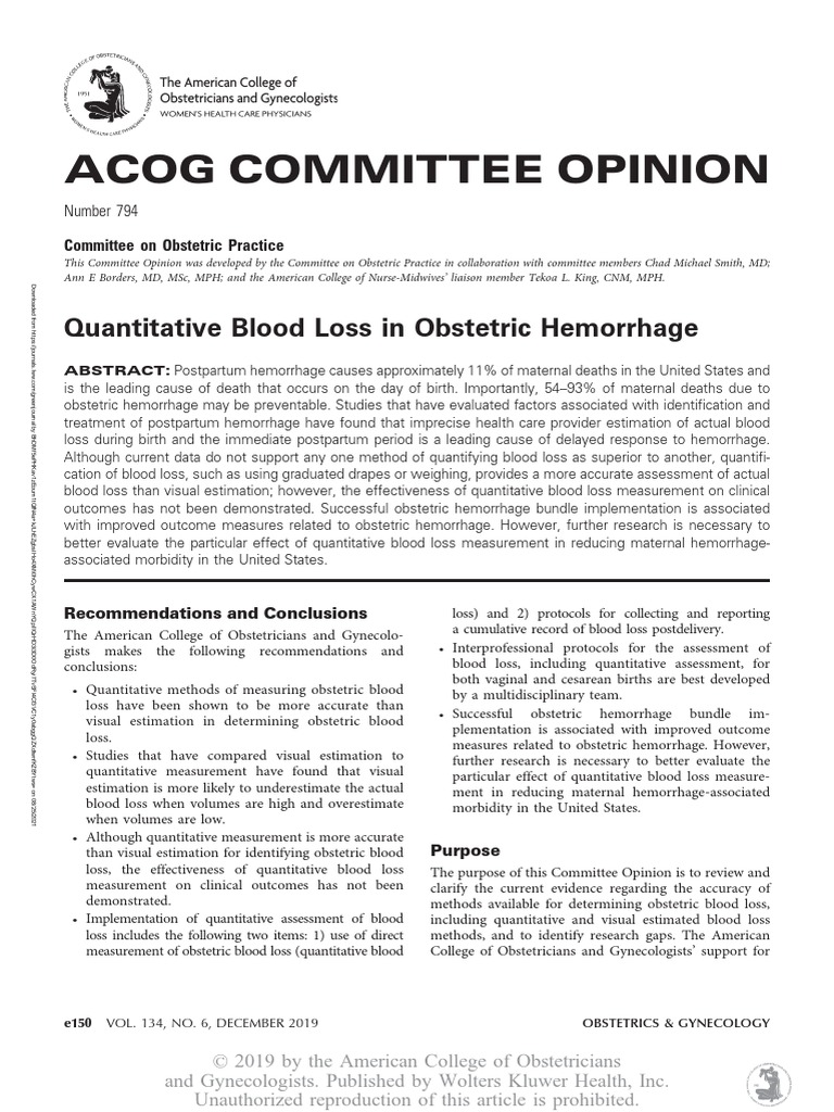 Quantitative Blood Loss in Obstetric Hemorrhage .40 Download Free PDF