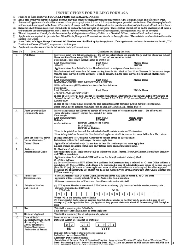 Form 49A Filling Instructions | PDF | Identity Document | Government