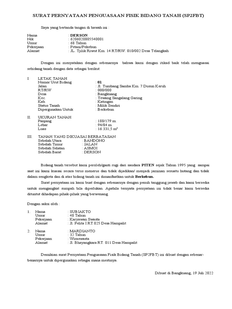 Surat Pernyataan Fisik Bidang Tanah (SP2FBT) | PDF