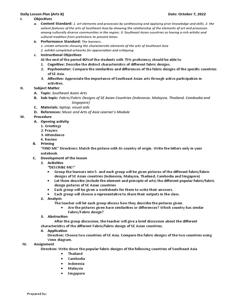 4AsDaily Lesson Plan ARTS Day2 | Download Free PDF | Southeast Asia ...