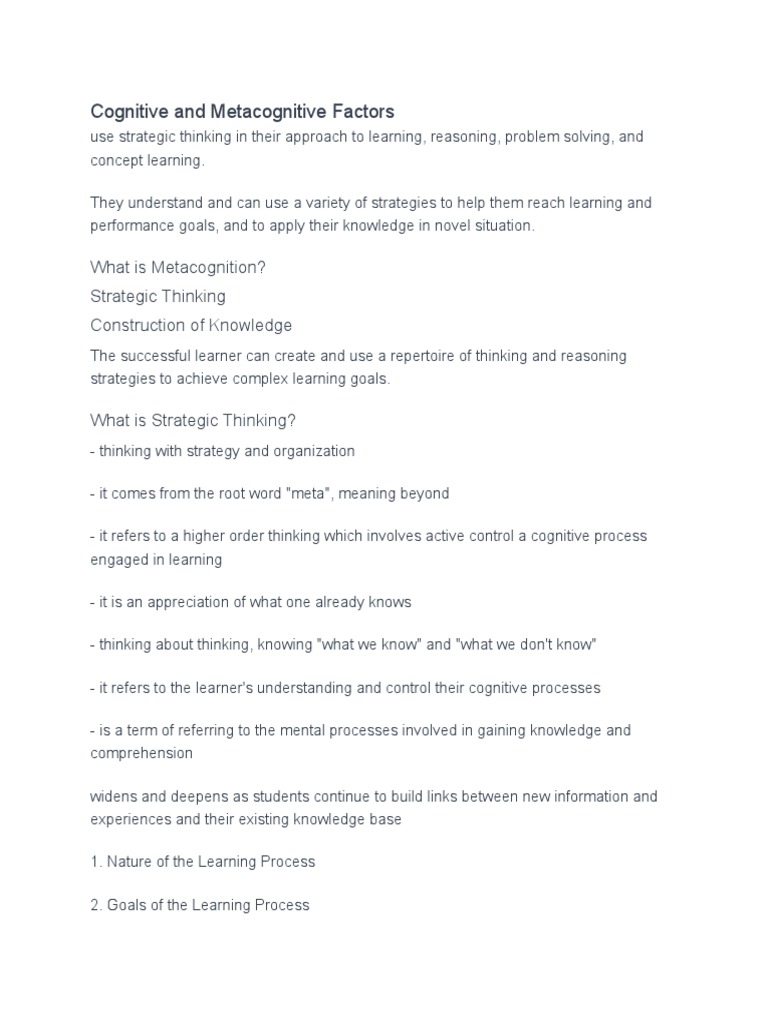 Cognitive and Metacognitive Learning Goals | PDF | Career & Growth