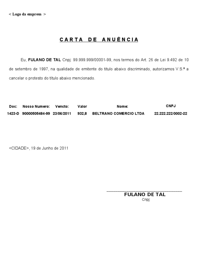 Modelo Carta de Anuencia  Brasil  Negócios
