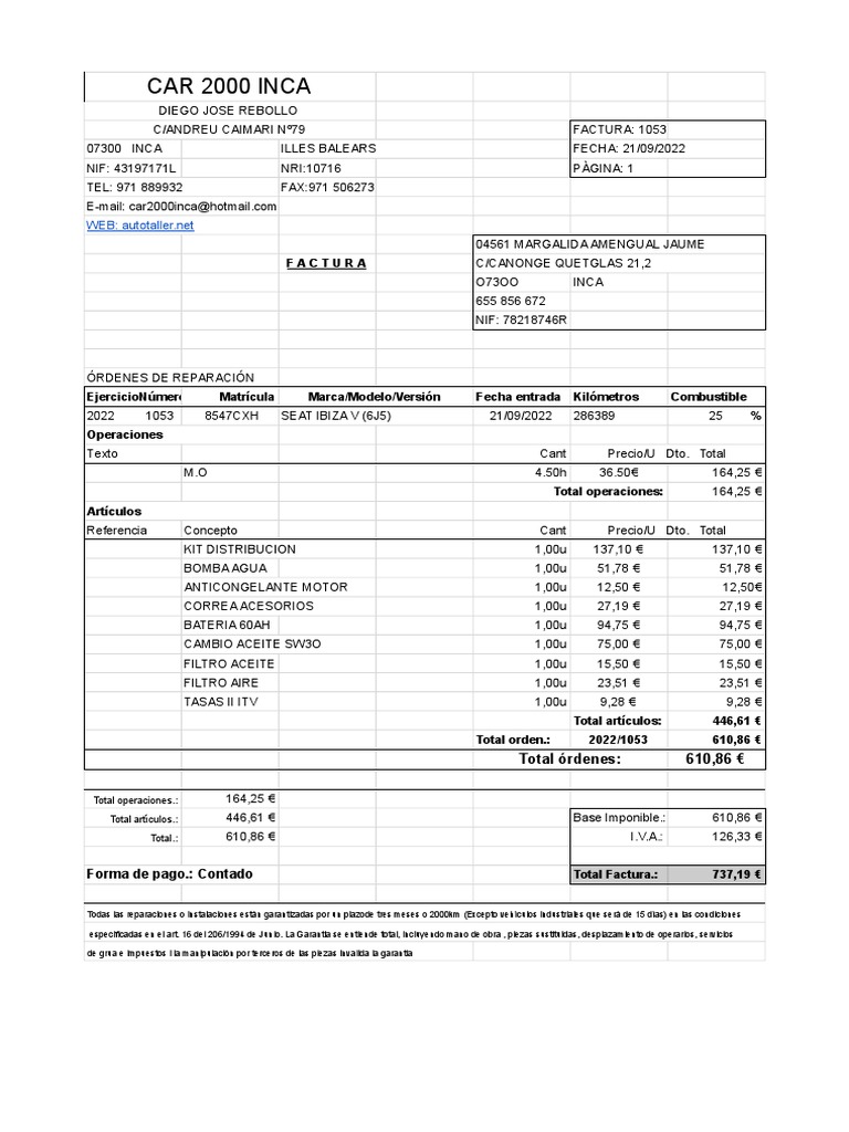 Factura De Taller Reparaci n SEAT Ibiza PDF Coche