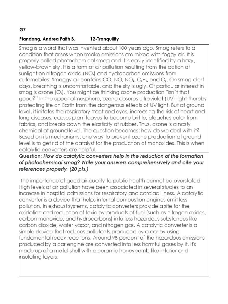 Smog, Catalytic Converters, and You PDF Smog Chemical Reactions