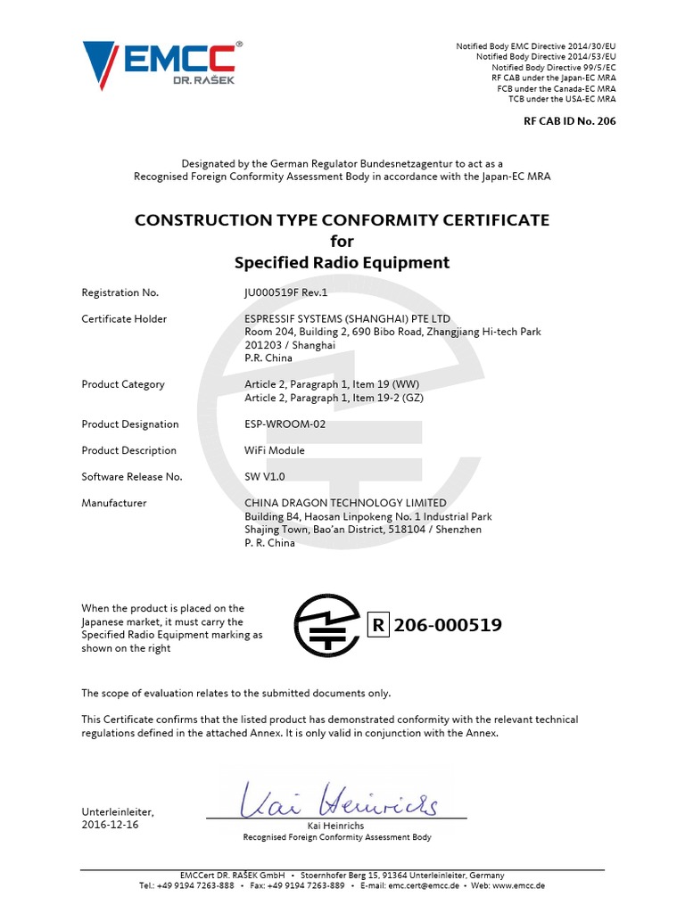 Esp Wroom 02 Telec Certificate PDF Specification (Technical