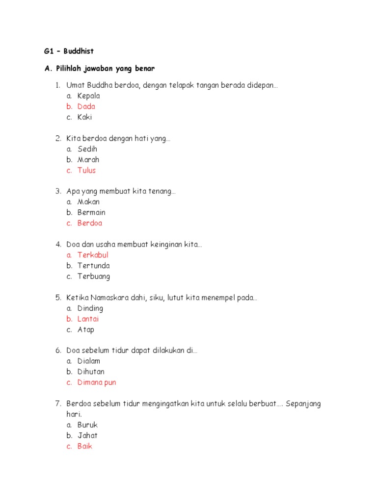 Answer Key G1 Buddhist PDF