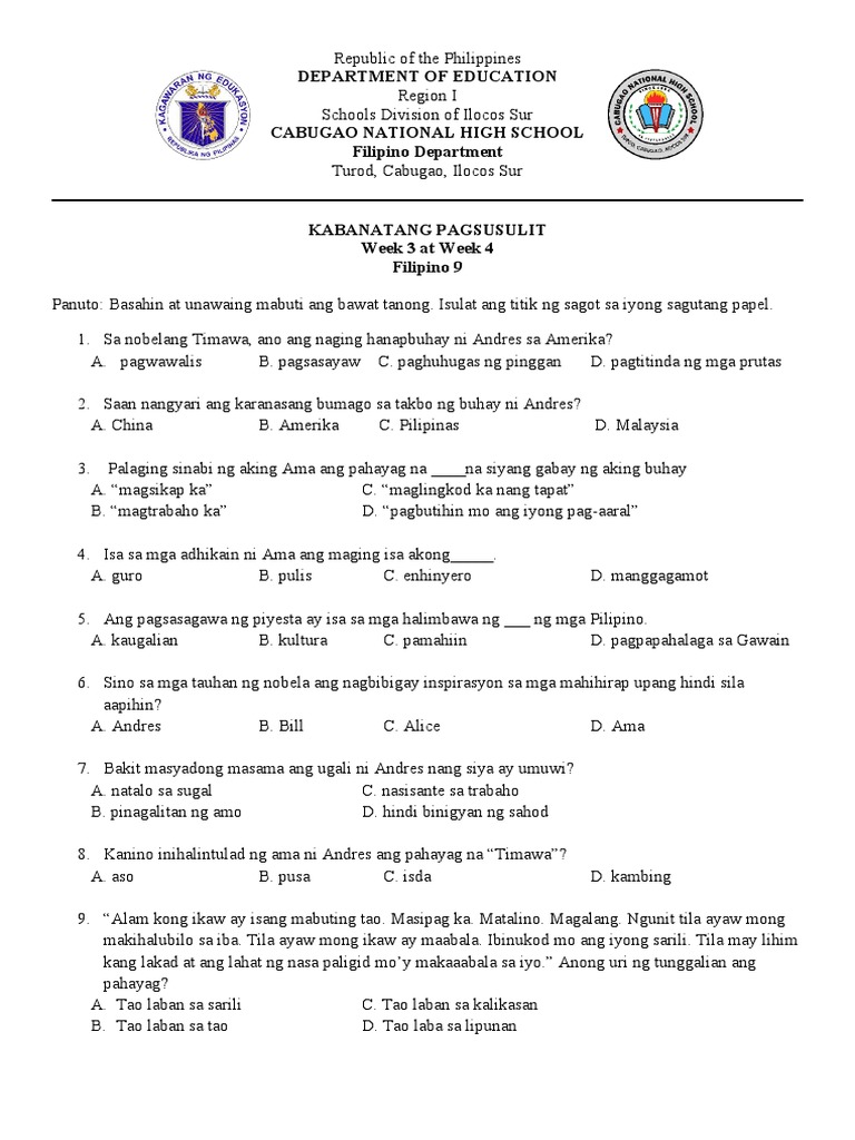 Chapter Test Filipino 9 Q1 W3 4 1 | PDF