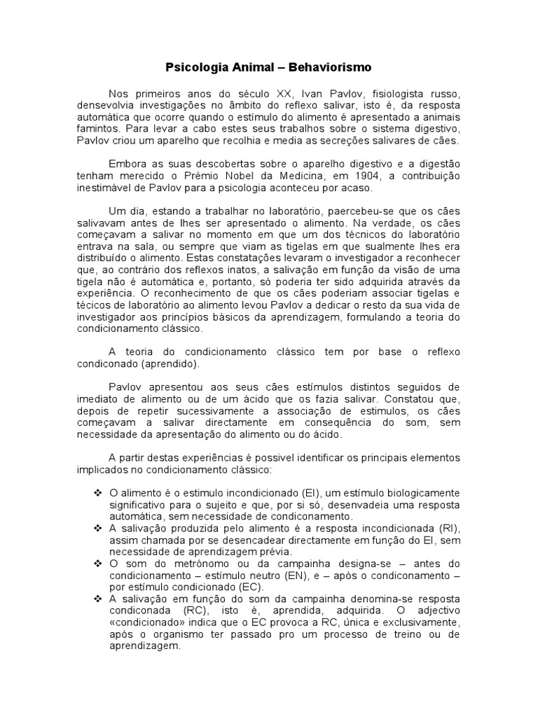Condicionamento Clássico e Operante | PDF | Behaviorismo | Aprendizado