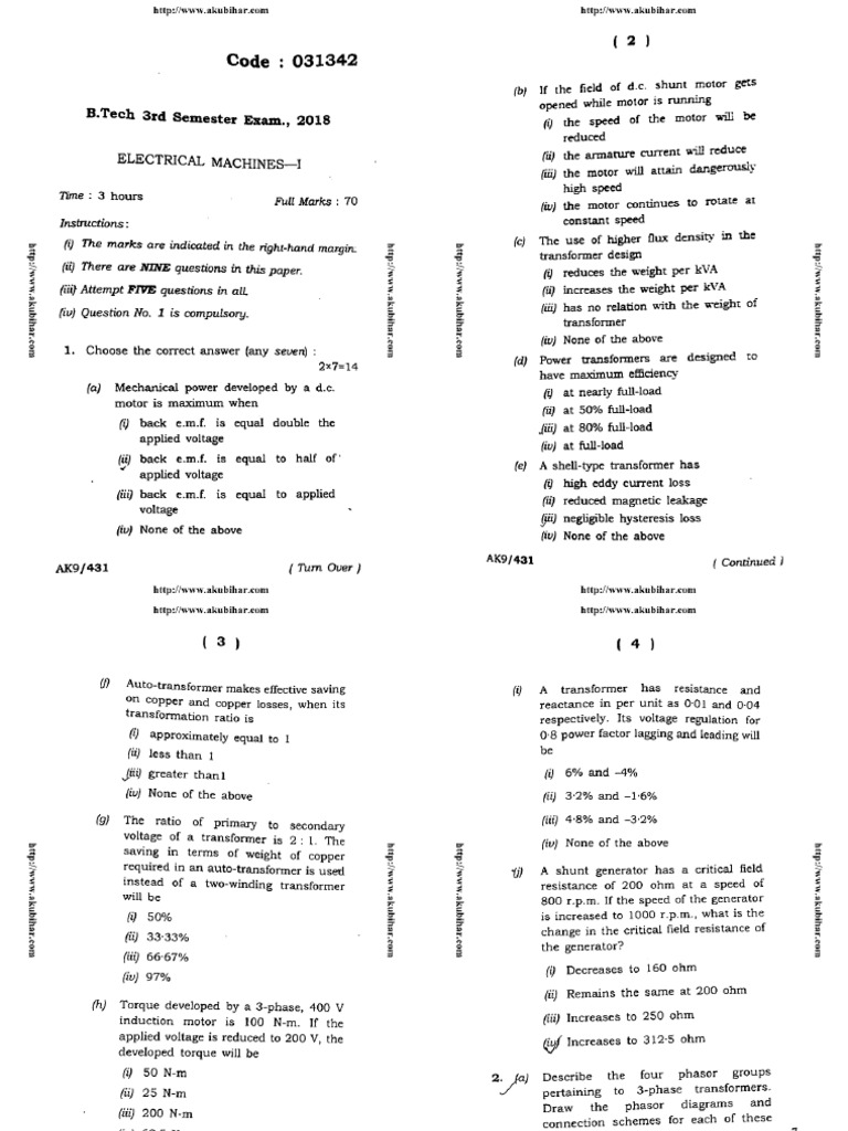 Btech Ee 3 Sem Electrical Machines 1 031342 2018 | PDF