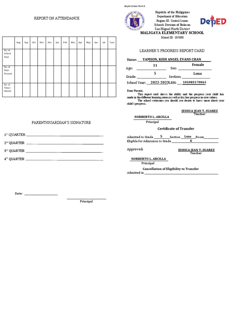 Deped School Form 9 Report Card Excel