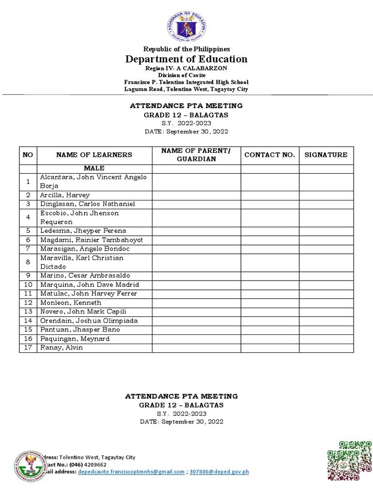Grade 12 & 7 PTA Meeting Attendance | PDF