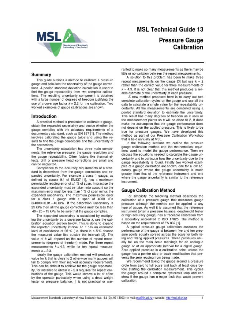 Unceruianly Pressure Gauge Download Free PDF Calibration Uncertainty