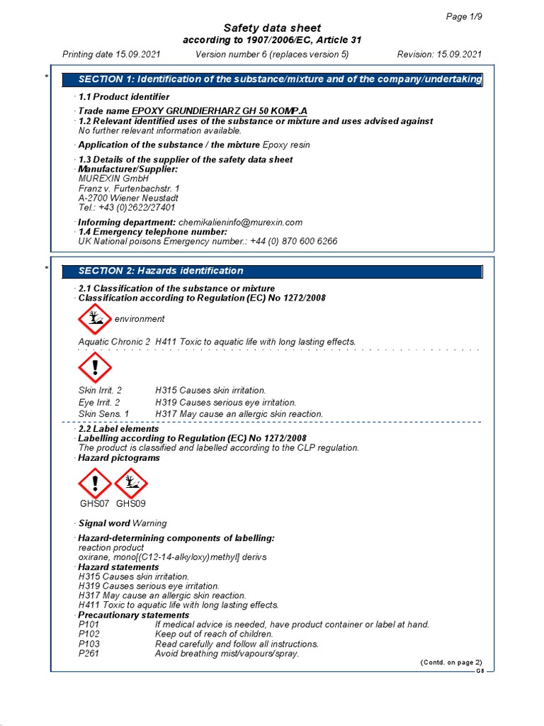Safety Data Sheet for Epoxy Resin Compound PDF Dangerous Goods