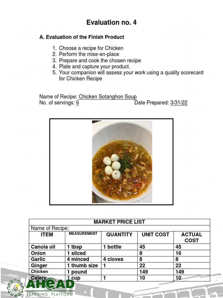Evaluation of Chicken Sotanghon Soup Recipe Preparation with Detailed