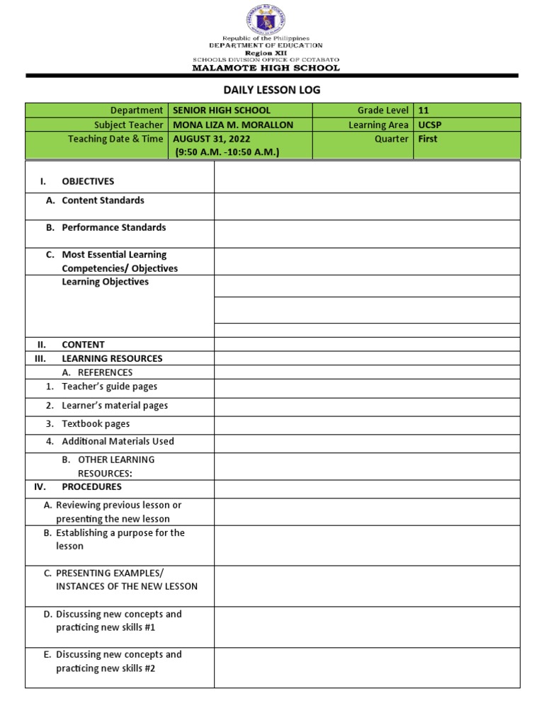 Daily Lesson Log | PDF | Learning | Teachers