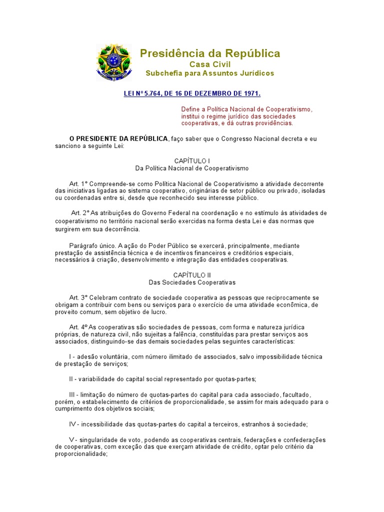 Lei nº 5.764/71 do Cooperativismo | PDF | Cooperativa | Crédito