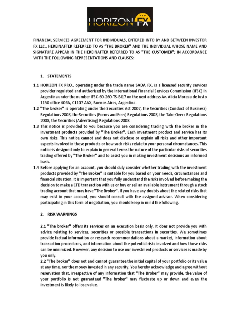 Financial Services Agreement For Individuals Horizon FX | PDF | Stocks ...