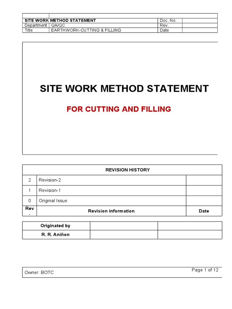 Method statement for earthworks cut and fill pdf free pdf road