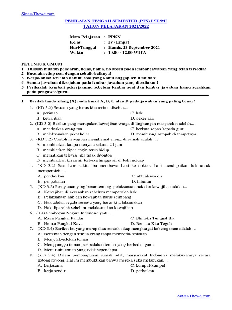 Soal PTS PPKN Kelas 4 Semester 1 | PDF