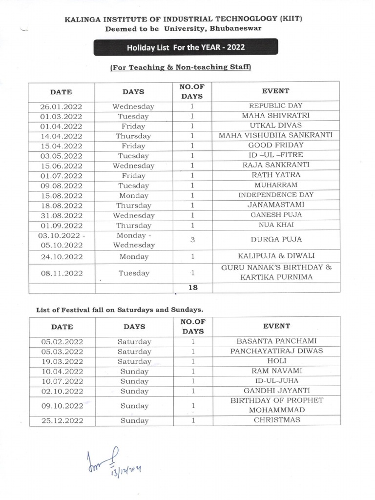 Holiday List 2022 PDF