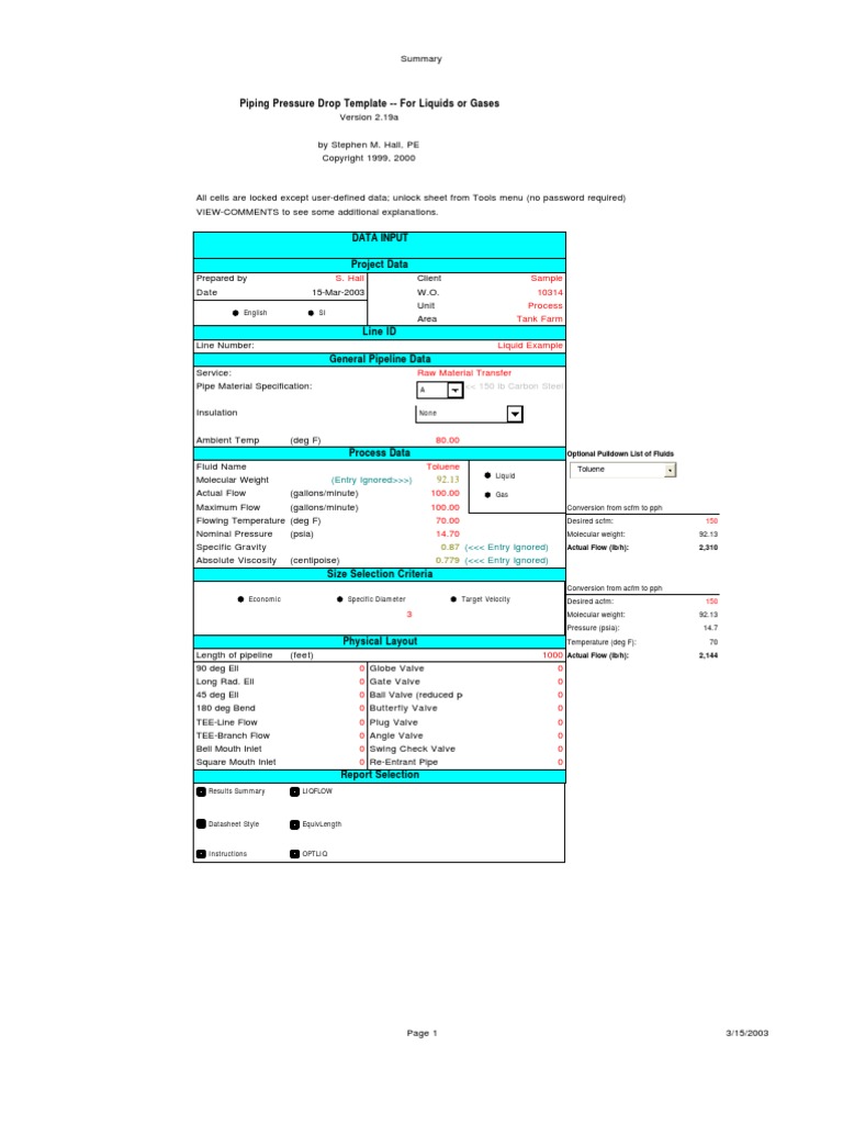Calculation - Pipe Line Sizing | PDF