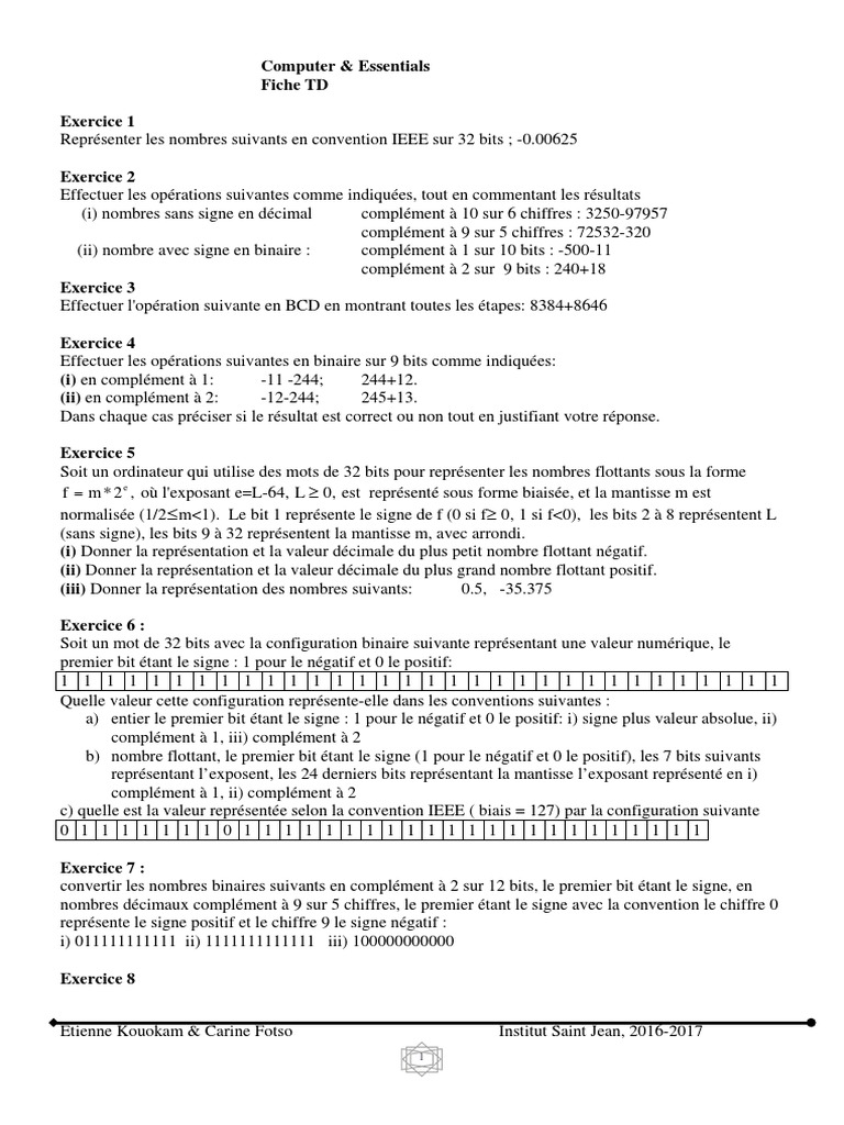 Exercices sur la représentation des nombres en informatique | PDF ...
